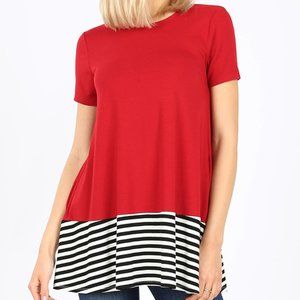 61. STRIPED SOLID CONTRAST SHORT SLEEVE RED TOP